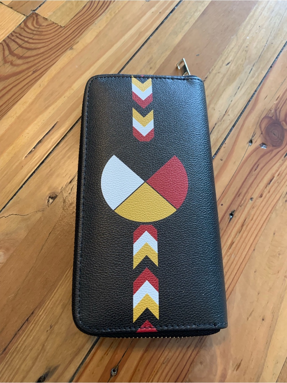 Black Medicine Wheel Zip Around Wallet with Red, Yellow & White Geometric Design